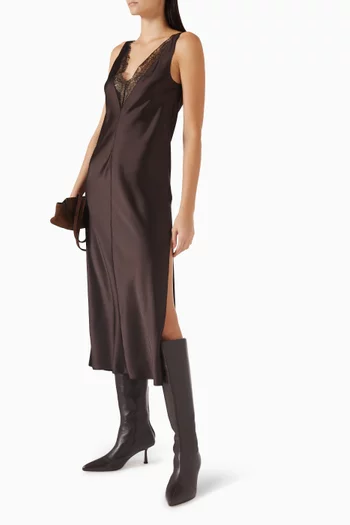 فستان متوسط الطول ستان بأشرطة دانتيل