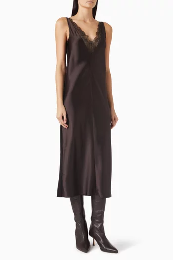 فستان متوسط الطول ستان بأشرطة دانتيل