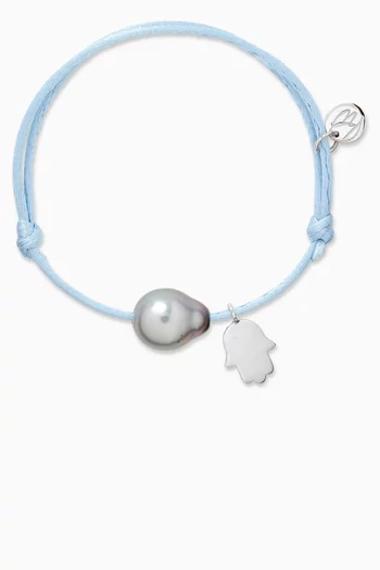 Pearl & Hand-charm Cord Bracelet in 18kt White Gold