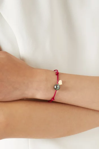 Pearl & Heart-charm Cord Bracelet in 18kt Yellow Gold