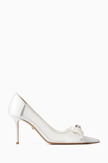 حذاء كلاسيك بعقدة مزدوجة مرصعة باللؤلؤ وكعب 85 مم قماش شبكي