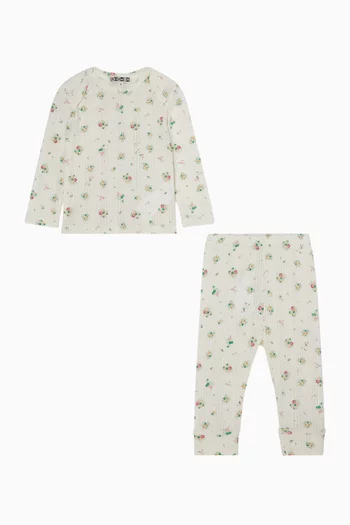 طقم بنطال وبلوزة بنقشة زهور قماش منسوج