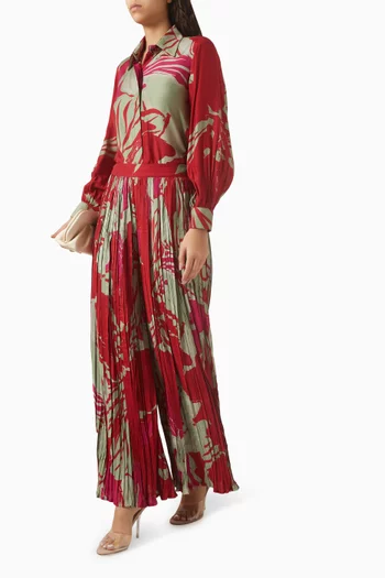 بنطال مزين بنقشة زهور موسلين قطن وحرير