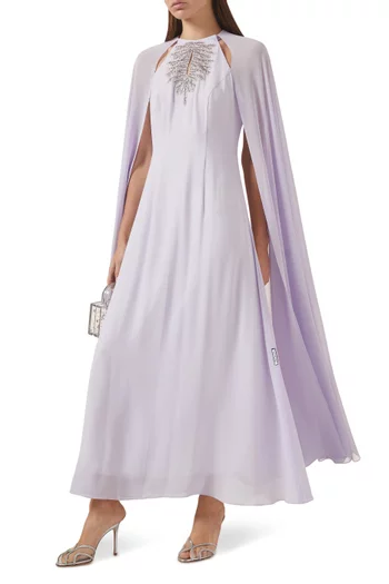 Cape-sleeve Embellished Maxi Dress