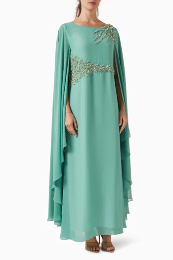 Boatneck Cape-sleeves Maxi Dress