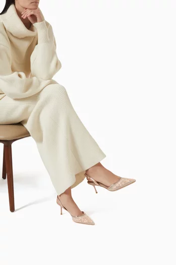 حذاء فلوريا مفتوح من الخلف بنقشة زهور مطرزة وسير خلفي وكعب 80 مم قماش شبكي وجلد لامع