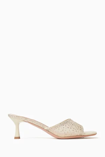 حذاء كيفا مفتوح من الخلف مرصع بالكريستال بكعب 75 مم قماش شبكي وجلد لامع