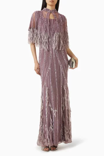 Feather-fringe Cape Gown