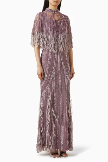 Feather-fringe Cape Gown