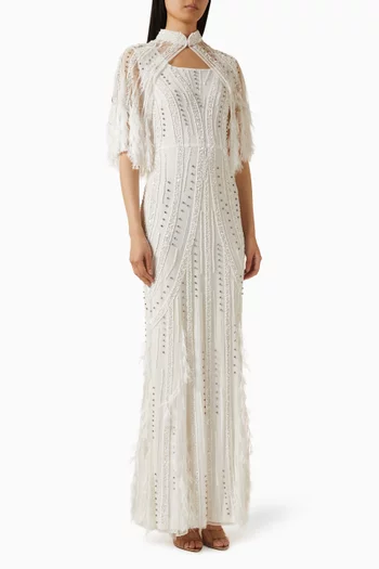 Feather-fringe Cape Gown