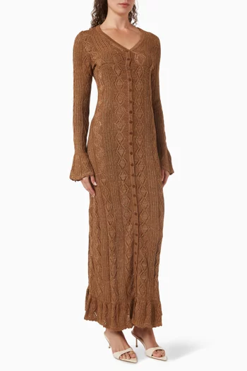 فستان جريتا طويل بنقشة خطوط متعرجة منسوج