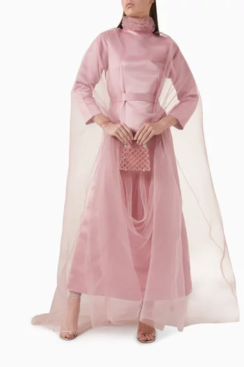 فستان طويل بكشكش عند الرقبة تول