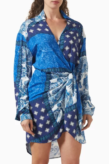 فستان ميدنايت قصير بعقدة ملفوفة ونقشة بيزلي فيسكوز