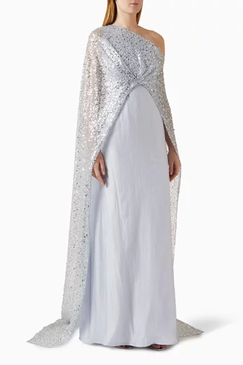 فستان أوبالين بكاب ومطرز بالترتر