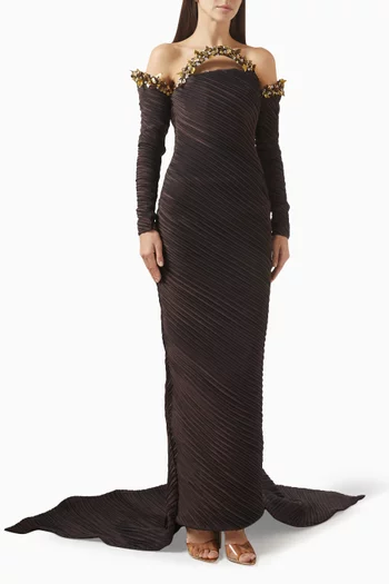 Embellished Off-shoulder Train Gown