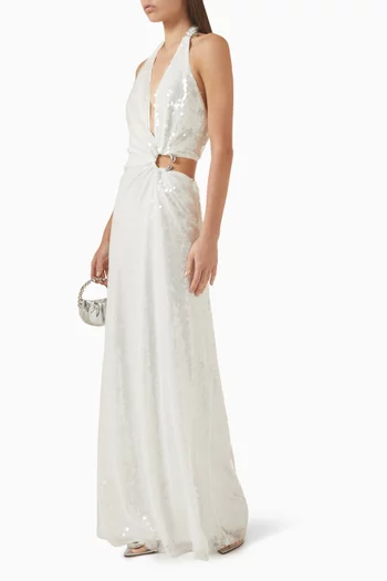 فستان ديفون مزين بتطريزات بالترتر