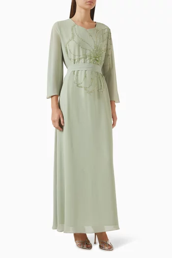 Bead-embellished Belted Dress in Chiffon