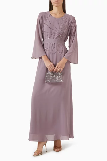 Bead-embellished Belted Dress in Chiffon