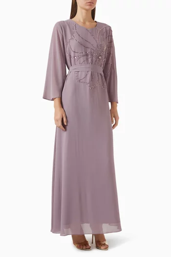 Bead-embellished Belted Dress in Chiffon