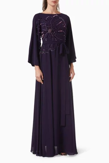 Bead-embellished Belted Dress in Chiffon