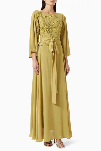 Bead-embellished Belted Dress in Chiffon