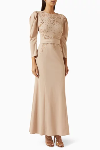 Bead-embellished Belted Dress in Crepe