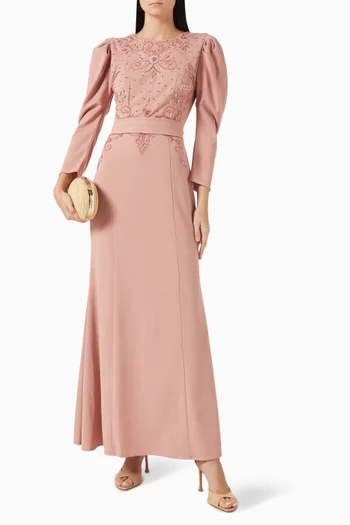 Bead-embellished Belted Dress in Crepe