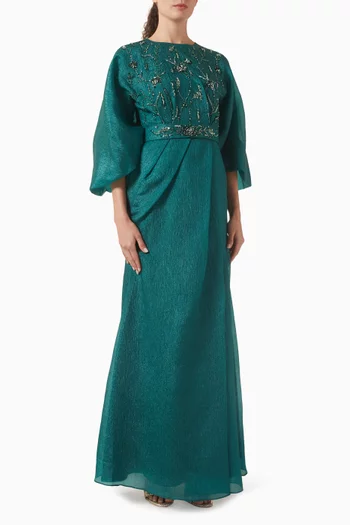 Bead-embellished Belted Dress in Organza