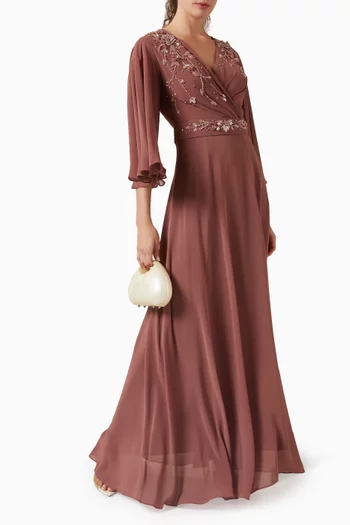 Bead-embellished Belted Dress in Chiffon