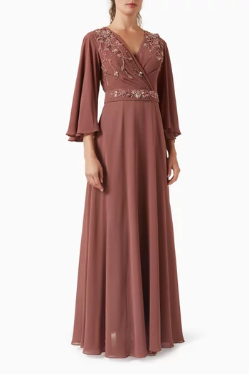 Bead-embellished Belted Dress in Chiffon