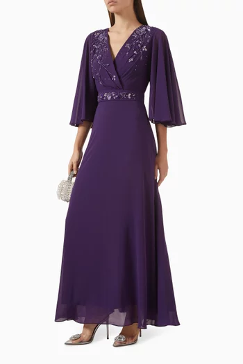 Bead-embellished Belted Dress in Chiffon