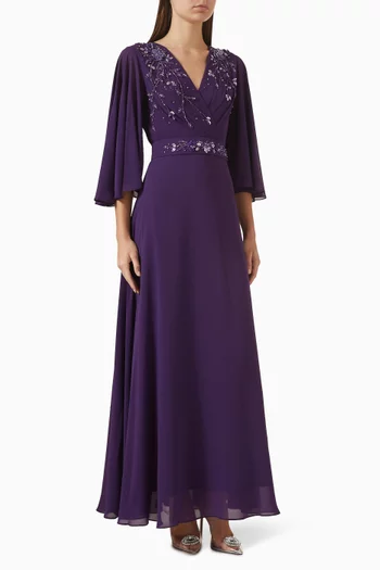 Bead-embellished Belted Dress in Chiffon