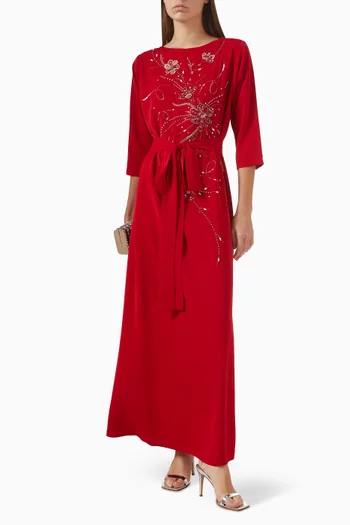 Bead-embellished Belted Dress in Chiffon