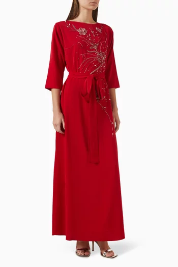 Bead-embellished Belted Dress in Chiffon