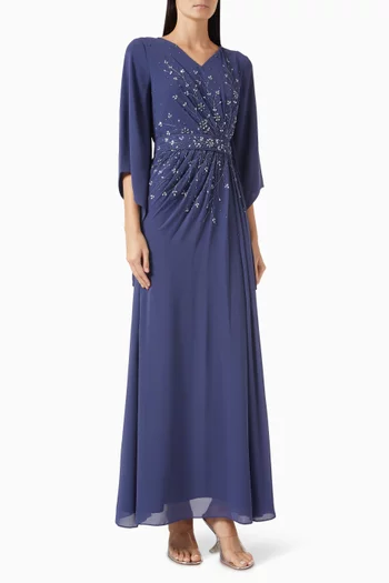 Bead-embellished Belted Dress in Chiffon