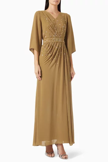 Bead-embellished Belted Dress in Chiffon