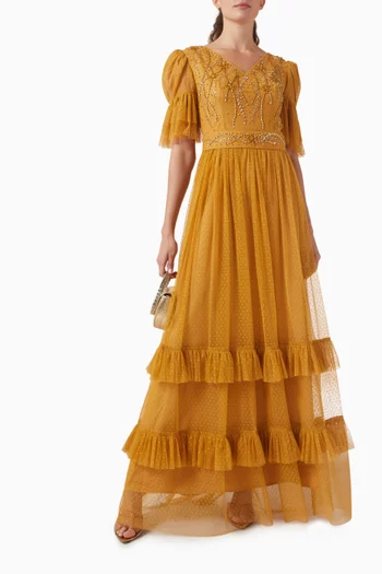 Bead-embellished Belted Dress in Tulle
