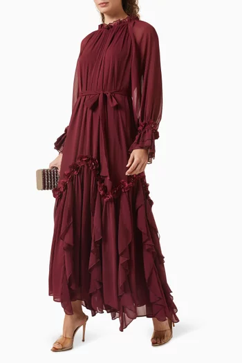 Floral-applique Belted Dress