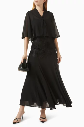 Detachable Cape Floral Midi Dress