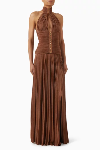 فستان سهرة بفتحة وحمالة حول الرقبة جيرسيه لامع