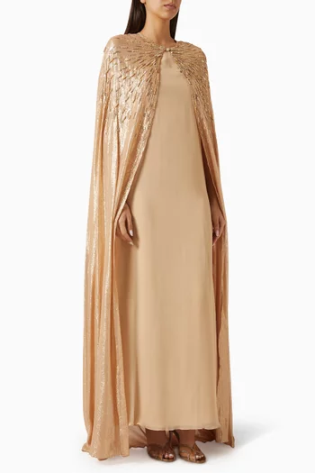 long gold dresses bridesmaids Fully-Embellished Sheath Wedding Dress With Detachable Bow Cape main image 0