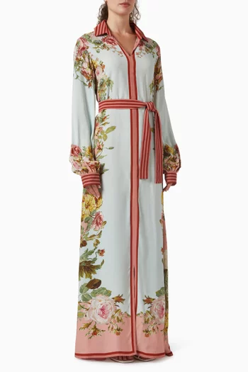 فستان طويل بحزام ونقشة زهور