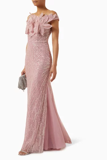 Bead-embellished Trumpet Gown in Mesh