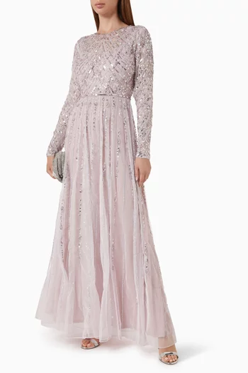 Hand Embellished A-line Gown in Mesh