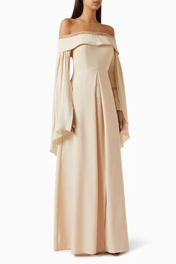 Off-shoulder Gown in Crepe & Chiffon