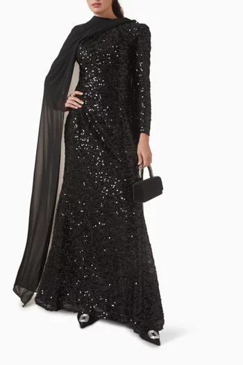 Sequin-embellished Gown in Fringe Jacquard & Chiffon