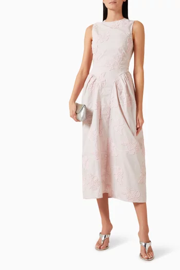 فستان متوسط الطول بنقشة زهور مطرزة قطن