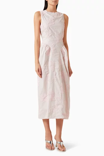 فستان متوسط الطول بنقشة زهور مطرزة قطن