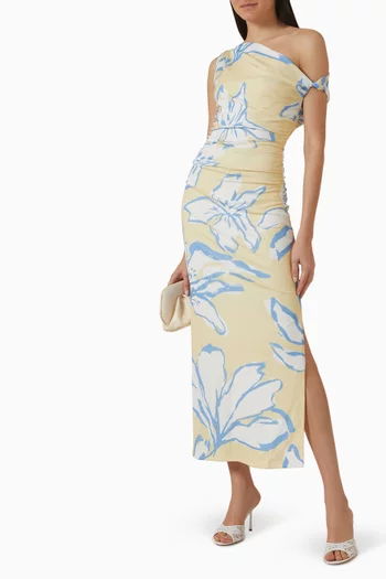 فستان اسم طويل بقصة غير متماثلة قماش شبكي