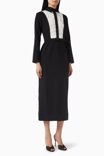 Broderie Yoke Belted Dress in Crepe